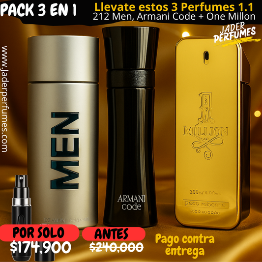 💥 COMBO DE LUJO PARA HOMBRES CON ESTILO One Million + Armani Code + 212 NYC MEN & Perfumero de Regalo