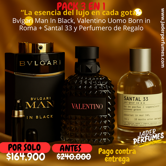 💥 COMBO DE LUJO PARA HOMBRES AUTÉNTICOS Bvlgari Man in Black + Valentino + Santal 33 & Perfumero de Regalo
