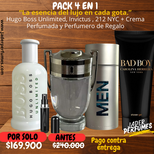 PACK 4 EN 1 – “La esencia del lujo en cada gota.” Hugo Boss Unlimited + Invictus + 212 NYC + Crema Perfumada + Perfumero GRATIS.