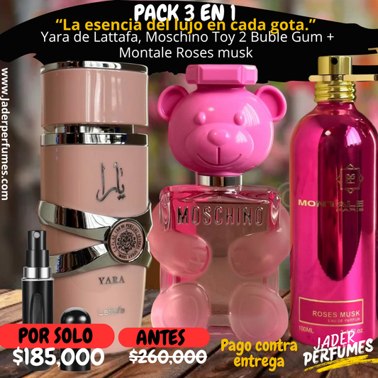 PACK 3 EN 1 – Yara + Moschino Toy 2 Bubble Gum + Montale Roses Musk + Perfumero.