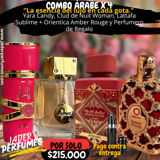 🌟 COMBO ÁRABE X4 — “La esencia del lujo en cada gota.”  Yara Candy + Club de Nuit Woman + Lattafa Bade’e Al Oud Sublime + Orientica Amber Rouge 🎁 Incluye perfumero recargable de regalo