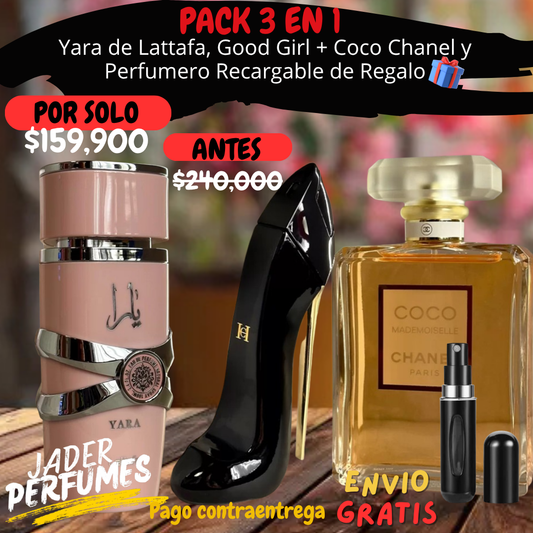 🌟 PACK 3 EN 1 DE PERFUMES 1.1 🌟 Yara de Lattafa, Good Girl + Coco Chanel + Perfumerito Recargable GRATIS 🎁