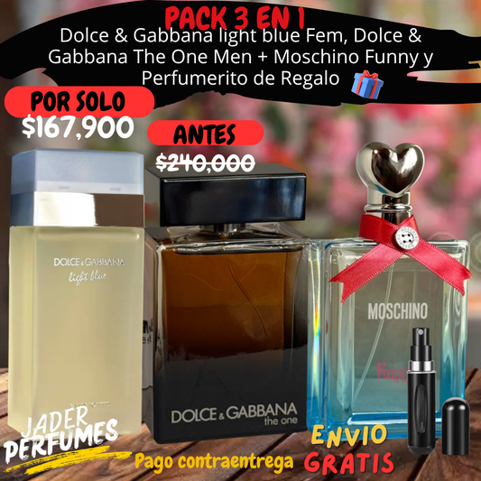 🌟 PACK 3 EN 1 DE LUJO – D&G + MOSCHINO + REGALO ESPECIAL 🌟 Dolce & Gabbana Light Blue Fem, The One Men + Moschino Funny + Perfumerito de Regalo 🎁