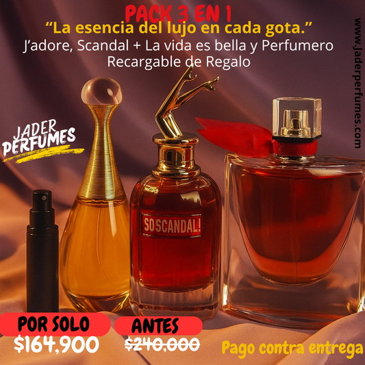 🌹 PACK 3 EN 1 – “La esencia del lujo en cada gota.” J'adore, Scandal + La vida es Bella